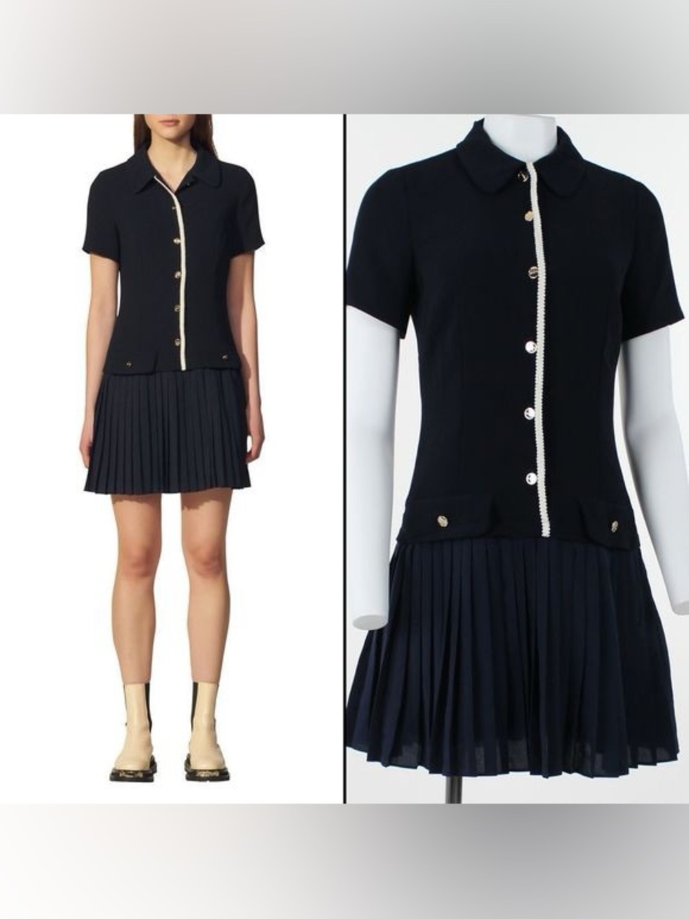 Sandro Navy Pleated Short-Sleeve Dress with Cream Trim